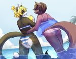  absurd_res anthro beach beach_ball bikini butt canine cat clothing crown eyewear feline female fireflufferz glasses hi_res inner_tube looking_at_viewer mammal seaside swimsuit tongue tongue_out underwater water wolf 
