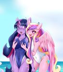  anthro anthrofied blue_background blush breast_grab breast_squeeze breasts clothed clothing cutie_mark duo equine female female/female friendship_is_magic fur hair half-closed_eyes horn horse mammal mleonheart my_little_pony navel open_mouth outside panties plain_background pony princess_cadance_(mlp) purple_fur purple_hair skimpy smile swimsuit teeth tongue twilight_sparkle_(mlp) two_tone_hair underwear wings 