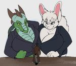  2015 anthro big_breasts breasts cat cleavage clothed clothing dragon feline female lagomorph macro male mammal rabbit size_difference t-bone_(artist) 