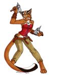  anthro asian_golden_cat axe belt bodice cat clothed clothing feline female fur hair invalid_tag koshkio lariel looking_at_viewer mammal pants short_hair solo spots standing weapon 