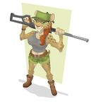  belt big_breasts boots braided_hair breasts brown_hair clothing ear_tuft fangs feline female fur green_eyes grin gun hair hat mammal midriff pawpads paws phlegraofmystery ranged_weapon sabertooth shirt shorts smilodon solo standing tank_top tuft weapon 