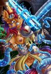  angry anthro armor breasts broken_armor clothing ear_piercing electricity equine eyewear fan_character female fight fur garden goggles grey_eyes hair horn knifeh long_hair mammal my_little_pony nipples nude outside piercing plant pussy solo spread_legs spreading sweet_voltage sword teeth tentacles unicorn weapon 