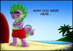  2015 anthro clothing dragon english_text exelzior-maximus friendship_is_magic looking_at_viewer male my_little_pony scalie smile solo spike_(mlp) swimming_trunks swimsuit text 