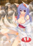 absurdres animal_ears bare_shoulders blue_hair blush breasts cleavage fox fox_ears fox_tail heart heart-shaped_pupils highres japanese_clothes kimono kimono_removed kozureokami20 large_breasts looking_at_viewer multiple_tails nude open_mouth original purple_eyes sitting slime solo symbol-shaped_pupils tail yuuki_hagure 