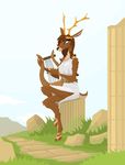  barefoot blue_eyes breasts brown_hair cervine deer female grass hair harp hooves horn mammal musical_instrument phlegraofmystery sitting solo toga 
