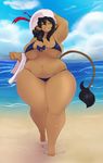  2015 animal_ears beach big_breasts bikini black_hair bovine breasts cattle cleavage clothed clothing cloud cow_ears cow_tail dark_skin eikasianspire female hair hat hi_res human long_hair mammal navel obese outside overweight sand sea seaside side_boob sky smile solo sweat swimsuit thick_thighs towel under_boob water wide_hips 