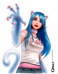  animal_ears blue_eyes blue_hair cat_ears cat_paws cat_tail felicia lips long_hair marker_(medium) omar_dogan open_mouth paws signature solo tail tank_top traditional_media vampire_(game) 