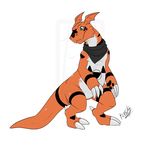  2015 bandanna cute_fangs digimon digital_media_(artwork) digitigrade guilmon kaptcha looking_away male plain_background scalie signature solo standing white_background 