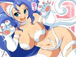  1girl animal_ears bare_shoulders blue_eyes blue_hair blush breasts capcom cat cat_ears cat_tail claws curvy darkstalkers fang felicia felicia_(darkstalkers) feline female fur furry hair humanoid konpeto large_breasts long_hair mammal navel open_mouth paws smile solo tail thick_thighs vampire_(game) video_games white_fur wide_hips 