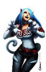  animal_ears blue_eyes blue_hair capcom cat_ears cat_tail darkstalkers felicia_(darkstalkers) female hair jeans omar_dogan one_eye_closed open_mouth plain_background solo video_games white_background wink 