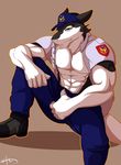  abs anthro arm_behind_headbelt biceps big_muscles black_fur black_hair blue_background blue_eyes claws clothed clothing discordnight fur hair kakron_(artist) looking_at_viewer male muscles pants pecs penis plain_background pose sergal white_fur 