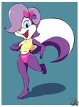  2015 anthro black_eyes black_nose bloomers bow clothing female fifi_la_fume fur hair hi_res hindpaw looking_at_viewer mammal open_mouth paws pepipopo purple_fur purple_hair shirt short_hair skunk smile solo standing sweat thick_thighs tiny_toon_adventures tongue warner_brothers white_fur 
