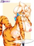  2015 amber_eyes anthro areola big_breasts big_butt big_nipples blonde_hair blue_hair bow breasts brown_fur butt buxbi_(character) claws english_text feline female fur glass hair huge_breasts long_hair looking_at_viewer mammal mleonheart navel nipples nude orange_fur pen pink_nose smile solo stripes table text thick_thighs tiger voluptuous 