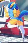  2015 3mangos amber_eyes anthro big_breasts blue_hair breasts clothed clothing digital_media_(artwork) equine fan_character female fur hair huge_breasts legwear mammal my_little_pony pegasus pussy shirt short_hair silvia_windmane skirt solo stockings thick_thighs wings yellow_feathers yellow_fur 
