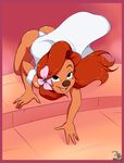  2015 a_goofy_movie beauty_mark black_eyes brown_nose butt canine clothing crawling dog dress flower hair long_hair looking_at_viewer mammal open_mouth panties pepipopo plant red_hair roxanne smile thong underwear 