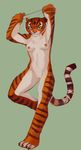  action_pose anthro breasts digital_media_(artwork) feline female front_view grin kung_fu_panda looking_at_viewer mammal master_tigress myheartpumpspiss nipples nude pussy raised_arm smirk solo stripes tiger toned 