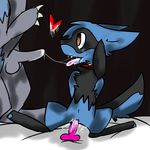  &lt;3 &lt;3_eyes balls cranidos cum cum_heart dildo fan_character fellatio messy navel nintendo ocs open_mouth oral penetration penis pok&eacute;mon pokesona pussy raspzure riolu sex sex-toy sex_toy shovonyx spread_legs spreading thunderback tongue toy video_games wet white_sheets 