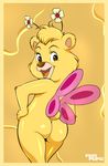  2015 anthro bear blonde_hair brown_eyes brown_nose butt butterbear female flower fur hair looking_at_viewer mammal nude open_mouth pepipopo plant short_hair smile solo standing tongue wide_hips wings wuzzles yellow_fur 