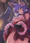  1girl animal_ears bare_shoulders blue_hair blush bow breasts bunny_ears detached_sleeves ear_ribbon elbow_gloves erune ferry_(granblue_fantasy) fingerless_gloves fur_trim gloves granblue_fantasy jewelry kztk long_hair no_panties open_mouth santa_costume sideboob single_earring skirt solo_focus sweat underboob underboob_cutout wall_slam wavy_hair wavy_mouth yellow_eyes 