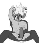  abs animal_genitalia anthro buddyfight dragon drum_(buddyfight) erection genital_slit horn humanoid_penis mobilemutt monochrome muscles one_arm_up open_mouth pecs penis presenting presenting_penis reclining scalie sitting slit spread_legs spreading toned 