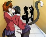  anthro blush cat clothed clothing face_to_face feline female gaze hair hug jealous legwear mammal open_mouth raised_tail school_uniform schoolgirl shirt silhouette skirt stockings tartii thumbs_up tongue 