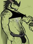  anthro bgn body_hair chest_hair clothing facial_hair hairy male mammal muscles nipples reptile rhinoceros scalie thong 
