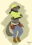  2018 anthro armor black_hair breasts brown_eyes clothed clothing deersun dibbler ear_piercing female fur grey_fur grin hair hard_hat helmet hi_res looking_at_viewer mammal marsupial navel partially_clothed piercing pink_nose sharp_teeth shirley_(bigcowboyrabbit) smile solo standing teeth tool_belt under_boob undressing 