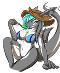  2015 anthro big_breasts bikini blue_eyes blue_hair blue_tongue bra breasts cetacean clothed clothing cowboy_hat dragon female food green_hair hair hat hybrid licking looking_at_viewer mammal marine messy navel orca penelope plain_background popsicle pose scalie sitting solo spots suggestive swimsuit tailzkim tongue tongue_out underwear voluptuous whale white_background 