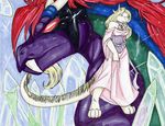  anthro blonde_hair chinese_dragon clothed clothing collar corset crystals dragon dress fangs female fur genocide hair horn invalid_tag koshkio long_hair male nirasha red_hair scales scalie standing western_dragon 