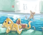  anthro blushophile cat cheek_tuft clothed clothing cub feline fur half-dressed inside invalid_tag looking_back lying male mammal on_back pool swimming swimming_trunks swimsuit topless tuft water waving wet yellow_fur young 