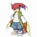  ambiguous_gender avian beak bird brown_eyes clothed clothing coat cotora feathers hair half-closed_eyes hand_on_hip looking_at_viewer nintendo open_mouth pidgeotto plain_background pok&eacute;mon pose purple_hair red_hair smile standing talons tongue video_games white_background wings 