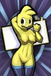  2015 abstract_background blonde_hair breasts buckteeth elpatrixf female fur hair legwear looking_at_viewer navel nipples nude open_mouth pussy smile solo stockings tongue unknown_character video_games yellow_fur 