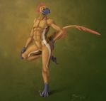  3_fingers 3_toes anthro claws dinosaur feathered_raptor feathers male pose raptor solo standing toes treefyleaves yellow_eyes 