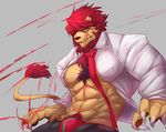  abs absurd_res anthro bulge chest_tuft claws clothing feline fur green_eyes hair hi_res istani lion male mammal muscles necktie open_shirt pants pants_down pubes red_hair shirt solo tuft underwear 