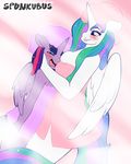  2015 anthro anthrofied blush breast_squish breasts duo equine female female/female friendship_is_magic hair hair_over_eye horn long_hair mammal multicolored_hair my_little_pony open_mouth princess_celestia_(mlp) purple_eyes spunkubus towel twilight_sparkle_(mlp) winged_unicorn wings 