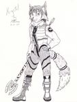  anthro atticus_kotch belt black_nose boots canine clothing female footwear fox hair jacket jewelry krystal mammal monochrome nintendo plain_background polearm scarf short_hair signature solo staff star_fox video_games weapon 