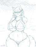  2014 anthro big_breasts bikini breasts canine chest_tuft clothing female fur huge_breasts jen_(jindragowolf) jindragowolf looking_at_viewer mammal monochrome solo swimsuit thick_thighs tuft voluptuous wide_hips wolf 