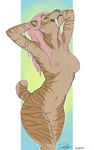  2015 anthro dog-bone fangs female green_eyes hair hi_res nude pink_hair pussy sabertooth solo stripes 