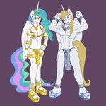  abs blue_eyes breasts caroo clothing equine eye_contact flexing footwear friendship_is_magic horn jewelry loincloth mammal multicolored_mane muscles my_little_pony necklace penis prince_blueblood_(mlp) princess_celestia_(mlp) purple_eyes sandals winged_unicorn wings 