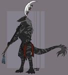  2015 abstract_background anthro bardiche black_fur clothing erick_black fur grey_hair hair joopis loincloth male monochrome northern_sergal sergal solo weapon 