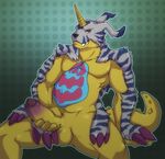  alternative_version_available anthro anthrofied balls digimon digital_media_(artwork) gabumon holding_penis humanoid_penis looking_at_viewer male naughty_face pelt penis reclining retracted_foreskin scalie sitting solo tojo_the_thief toned uncut 