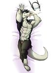  abs anthro belt biceps big_muscles black_fur black_hair blue_background blue_eyes claws clothed clothing discordnight fur hair koreanhusky_(artist) looking_at_viewer male muscles pants pecs plain_background pose sergal solo toned white_fur 