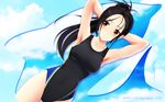  aizawa_kotarou armpits arms_behind_head arms_up bad_id bad_pixiv_id black_hair cloud competition_swimsuit copyright_request day dutch_angle long_hair one-piece_swimsuit orange_eyes ponytail sky solo swimsuit wallpaper 