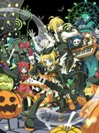  3girls angel_wings animal_ears aqua_eyes armor back-to-back bell bell_collar blonde_hair boots brother_and_sister bunny cat_ears collar fork guitar hair_ornament hair_ribbon hairclip halloween hat instrument jack-o'-lantern jingle_bell kagamine_len kagamine_rin keyboard_(instrument) knee_boots kutenriri multiple_girls mummy pumpkin ribbon short_hair siblings smile tail twins vocaloid wings witch_hat zombie 