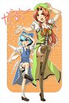  bad_id bad_pixiv_id blue_eyes blue_hair bow braid china_dress chinese_clothes cirno dress fang fighting_stance frown gao hair_bow hat hong_meiling long_hair multiple_girls red_eyes red_hair short_hair standing standing_on_one_leg thighhighs touhou tsurusaki_yuu twin_braids wings 
