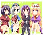  bad_id bad_pixiv_id blonde_hair brown_eyes gradient_hair grey_eyes grey_hair hair_ornament hat hijiri_byakuren ika leaf_hair_ornament long_hair multicolored_hair multiple_girls purple_eyes purple_hair red_eyes short_hair sitting smile thighhighs touhou yagokoro_eirin yakumo_yukari yasaka_kanako 