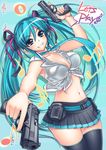  aqua_eyes aqua_hair armpits belt beretta_px4 bow breasts cleavage crop_top dual_wielding eighth_note front-tie_top gun hair_bow half_note handgun hands hatsune_miku highres hiyohiyo holding holster large_breasts long_hair midriff musical_note navel necktie pistol quarter_note shirt sixteenth_note skirt smile solo speech_bubble staff_(music) thighhighs thirty-second_note tied_shirt treble_clef trigger_discipline twintails very_long_hair vocaloid weapon whole_note zettai_ryouiki 