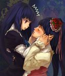  blue_hair blush closed_eyes dress face flower frederica_bernkastel frills furudo_erika hair_flower hair_ornament hand_grab hand_on_back hands holding_hands imminent_kiss lips long_hair looking_at_another multiple_girls open_mouth parted_lips purple_eyes rose shirabi surprised twintails umineko_no_naku_koro_ni yuri 