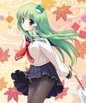  alternate_costume black_legwear blue_eyes gohei green_hair hair_ornament kochiya_sanae long_hair pantyhose school_uniform serafuku solo touhou yamasan 