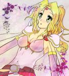  belt blonde_hair breasts cape cleavage elbow_gloves final_fantasy final_fantasy_iv frame gloves green_eyes leotard long_hair ponytail portrait rosa_farrell shoulder_pads soliloquy tiara 